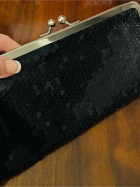 Ann Taylor Black Sequin Kiss-Lock Clutch